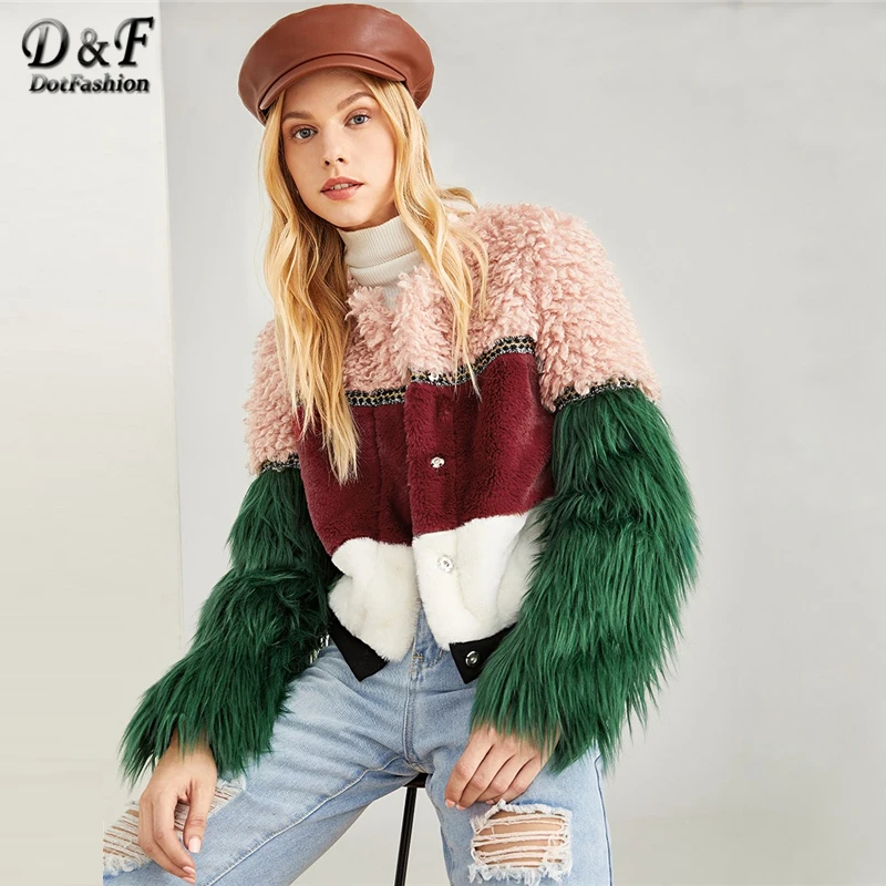 

Dotfashion Zip Up Color Block Faux Fur Teddy Coat Women Casual Winter Long Sleeve Clothing Female Multicolor Going Out Outerwear