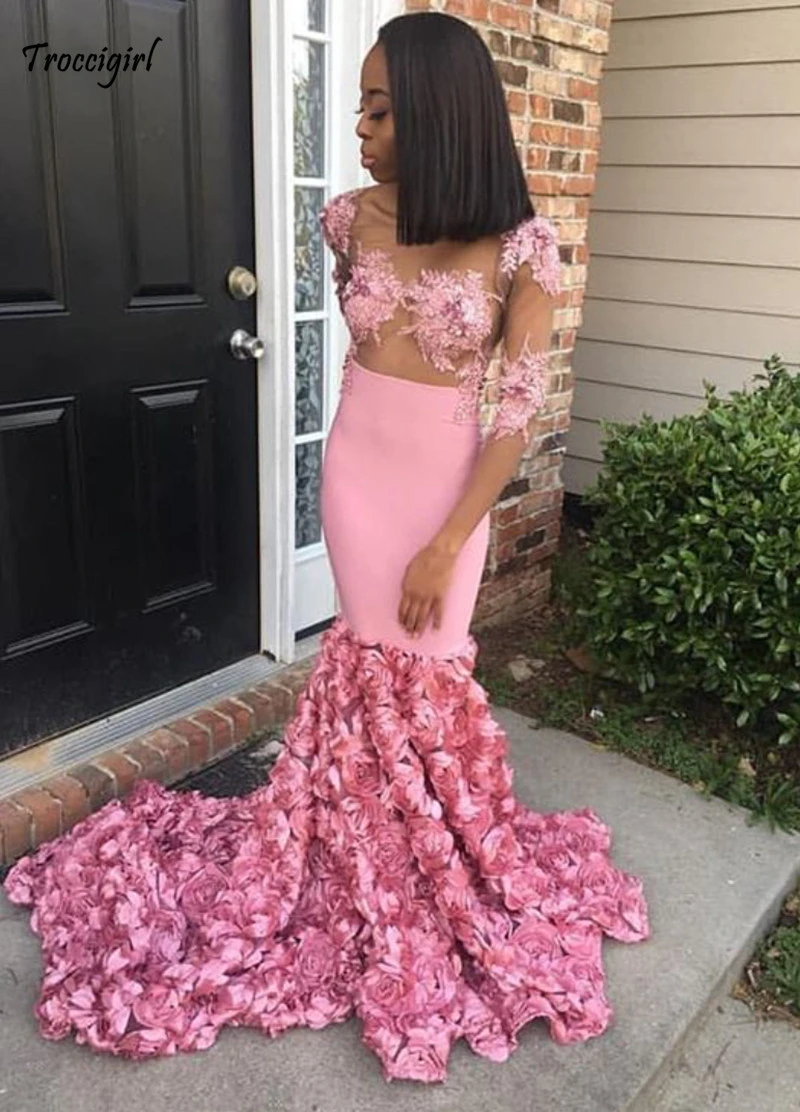 

Sexy Pink Prom Dresses 2019 See Through Mermaid Lace Appliques Plus Size Party Dress Evening Gown With 3D Rose Flowers