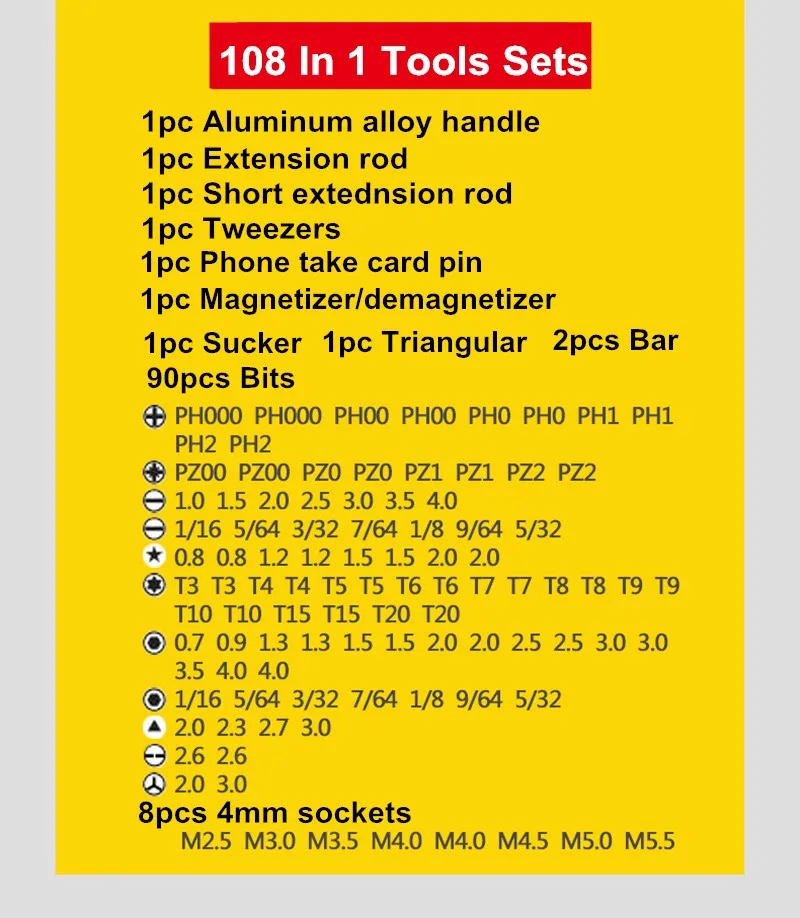 Household Tool Set Pad Computer PC Mobile Phone Cellphone Glasses Digital Electronic Device Repair Home Tools Bit 108pc 108 in 1