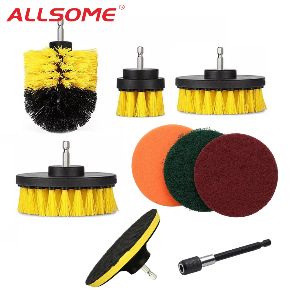 ALLSOME 9pcs Drill Brush Scrub Pads Power Scrubber Cleaning Kit Cleaning Brush for Power Tool HT277