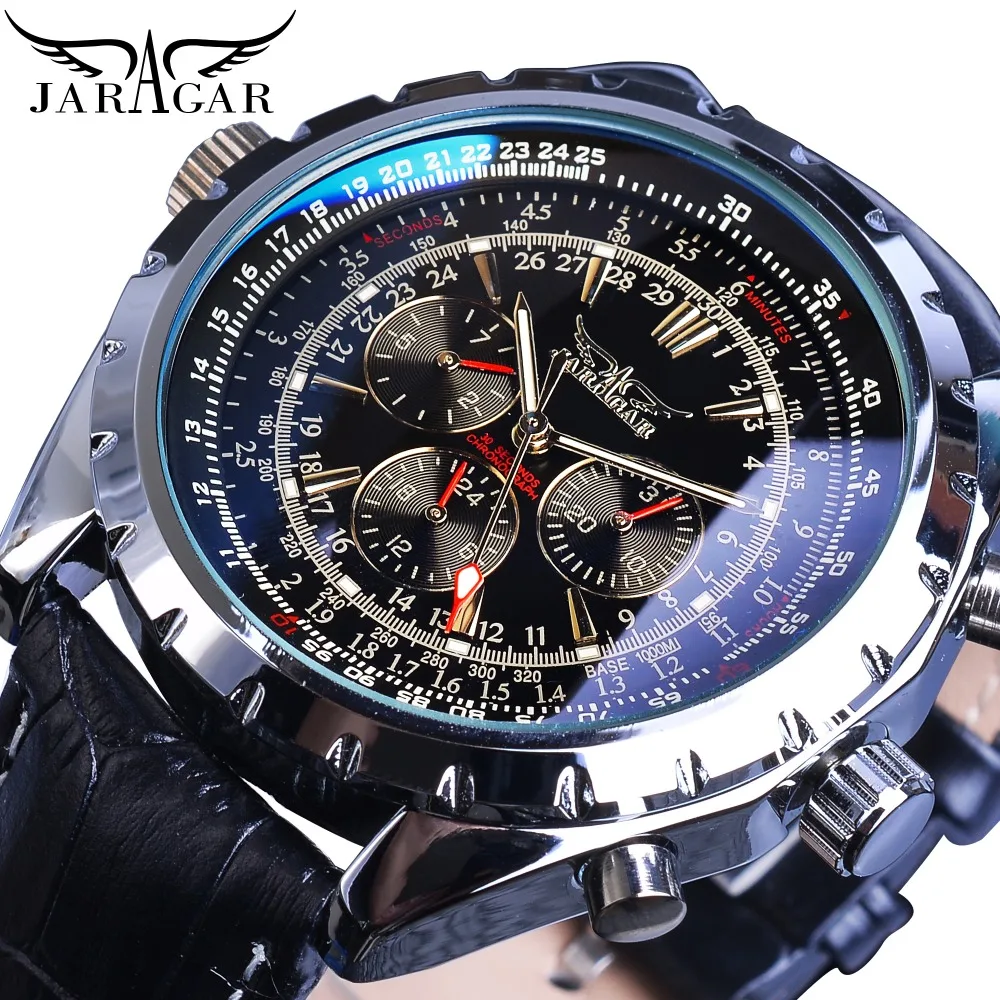 

JARAGAR Mechanical Automatic Self-Wind Sports Watches Pilot Design Luxury Date Mens Leather Fashion Mechanical Watch Clock Reloj