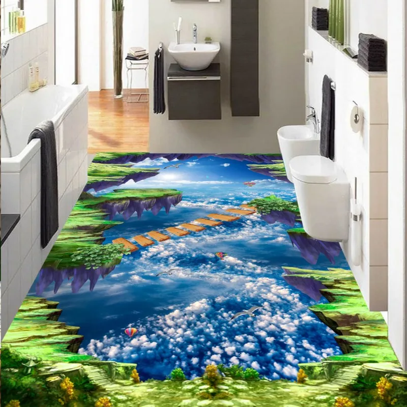 

Free Shipping custom Cliffs Sky Hot Air Balloon Suspension Wooden Bridge Bathroom Kitchen 3D stereo Floor wallpaper mural