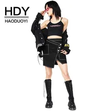 HDY Haoduoyi New Fashion Streetwear Style Women Summer Patchwork Asymmetrical Button Slim Split Solid Denim Skirt