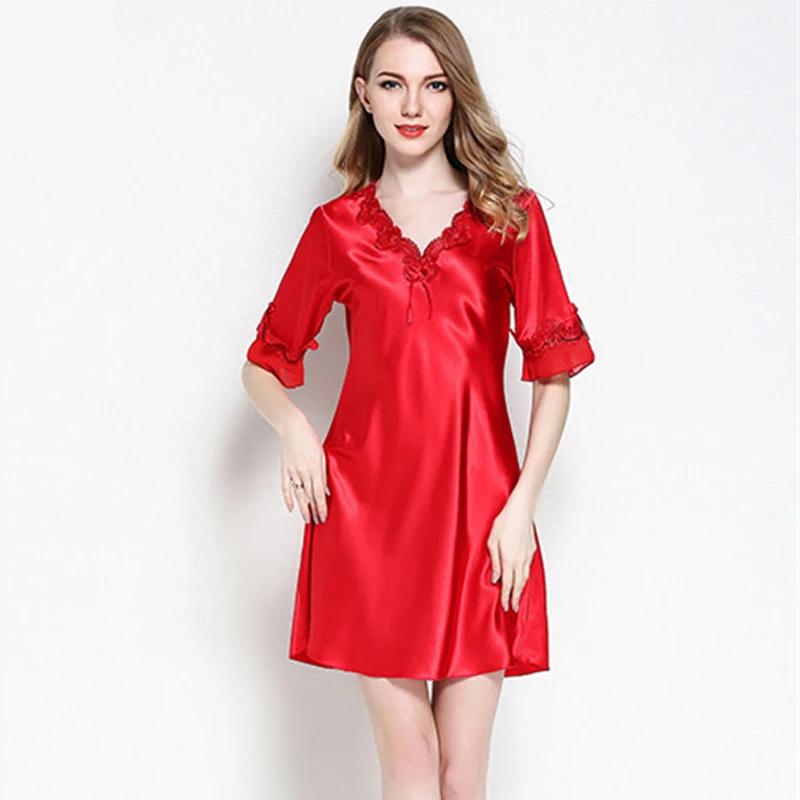 Women-Silk-Satin-Nightgown-Short-Sleeve-Sleepshirt-V-neck-Night-Shirt-Elegant-Night-Dress-Lace-Sleeping (3)