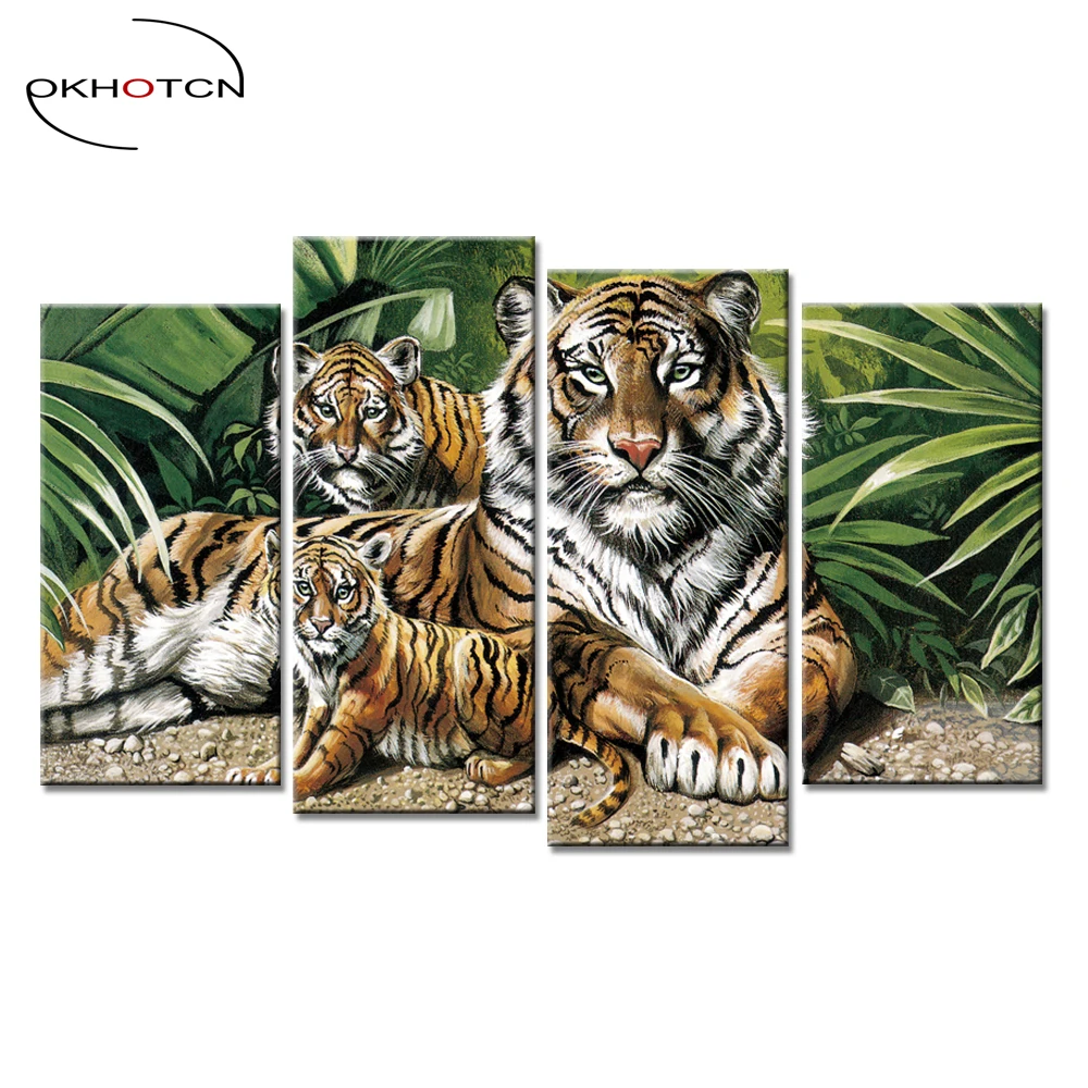 Tiger Baby And Mother Animal Painting Unframed Print Poster Canvas Wall Art Room Decor 4 Pieces/Set Modern Printing | Дом и сад