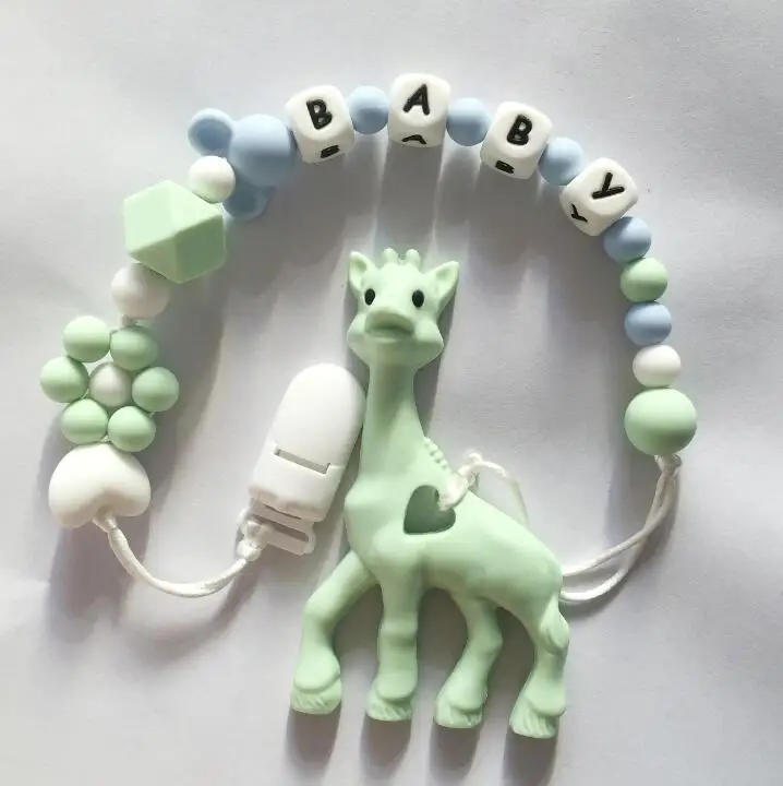 Персонализированные Имя Силиконовые Прорезыватели соски зажимы с жирафом силиконовый Прорезыватель Соска цепь ожерелье для ребенка жевательные игрушки - Окраска металла: Mint green