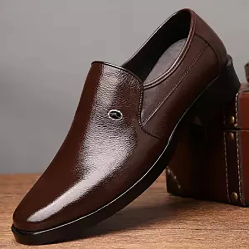 

Slip On Men Shoes Split Leather Casual Fashion Pointed Toe Loafers Men Dress Business Solid Formal Men's Shoes Black