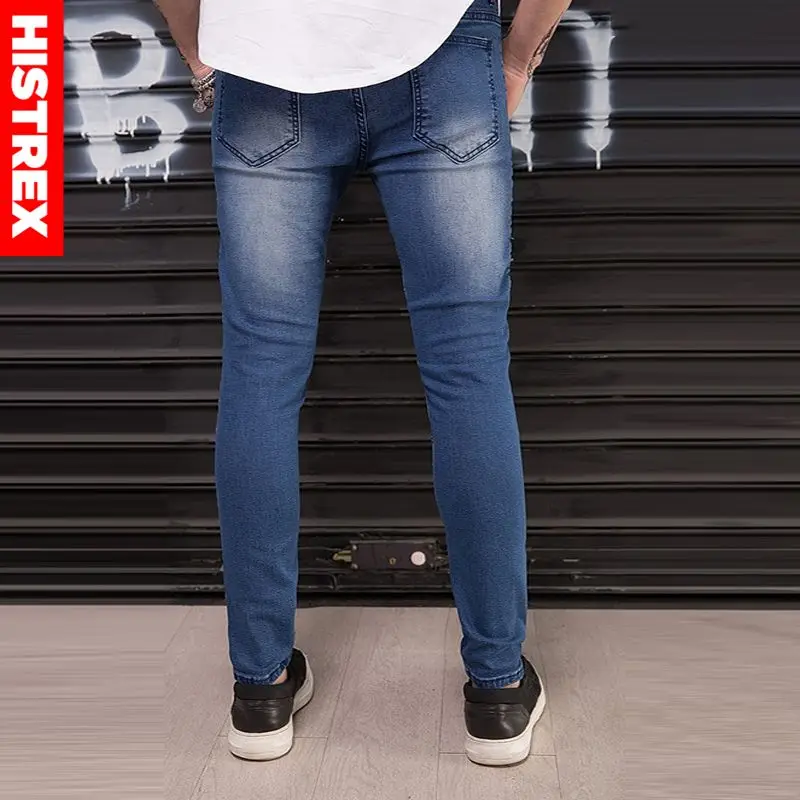 HISTREX Для мужчин s джинсы джоггеры тощий Жан Для мужчин Синий Байкер карандаш для молнии рваные уличной хип-хоп мотоциклетные штаны# HJZ7X