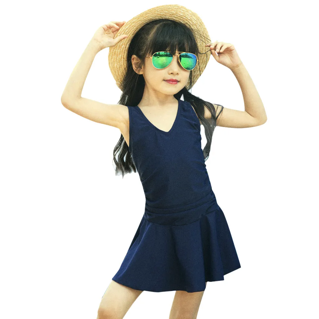 

Children Swimwear for Girls Kids Polyester Swimsuits Bathing Suit Bikini Beach Solid Blue One Piece Swimsuit Beachwear K327
