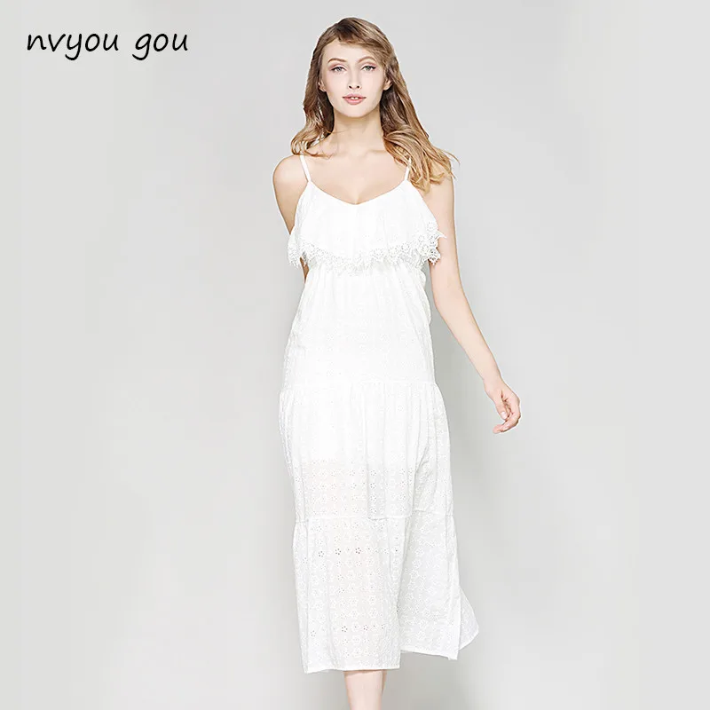 

nvyougou V Neck Ruffles Women Backless White Lace Spaghetti Strap Dress 2019 summer beach boho Pleated Sexy Maxi Long Slim Dress