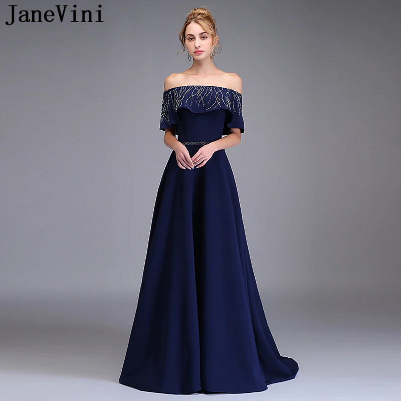 JaneVini Винтаж темно синие длинные платья подружек невесты для свадеб лодка средства ухода за кожей Шеи Атлас Бисер спинки Формальные
