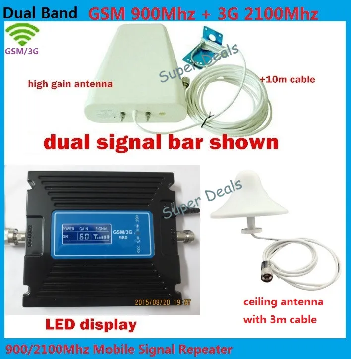 

Full Set Dual band GSM 3G booster with Signal Display Screen , gsm 3g Antenna + GSM WCDMA mobile Signal Repeater at 900 2100 MHz