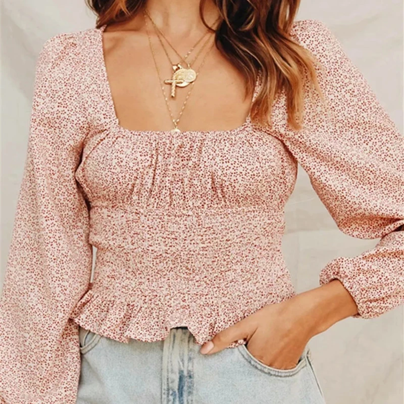 

Summer Tops Women French retro square collar elasticated pleated waist print Blouse shirt Tops vintage for Womens shirts blouses