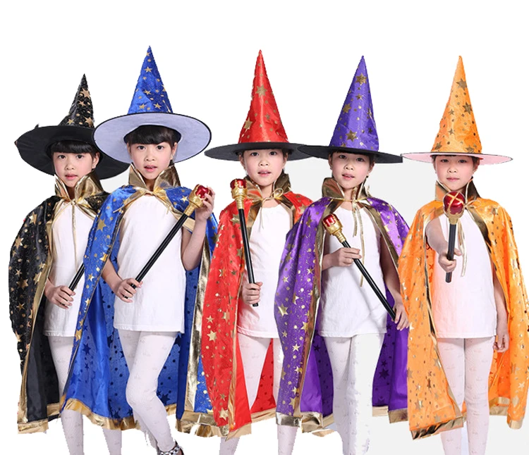 

Halloween Party Witch Children Cloak Cosplay Costume With Hat 2PCS Kids Stage Performance Clothes Baby Girls Magician Shawl