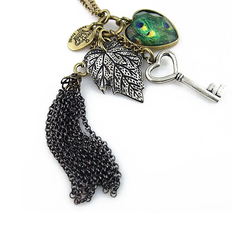 heart peacock feather key leave tassel necklace-21