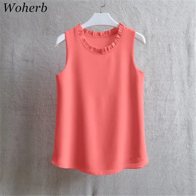

Woherb 21 Colors Solid Ruffle Chiffon Blouse Women 2020 Summer Fashion Vest Blusas Casual Loose Sleeveless Ladies Tops Shirt