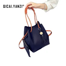 2017 Women Tassel Buckets 2pcs set PU Leather Handbags Ladies Portable Shoulder Bag Messenger Bucket Casual