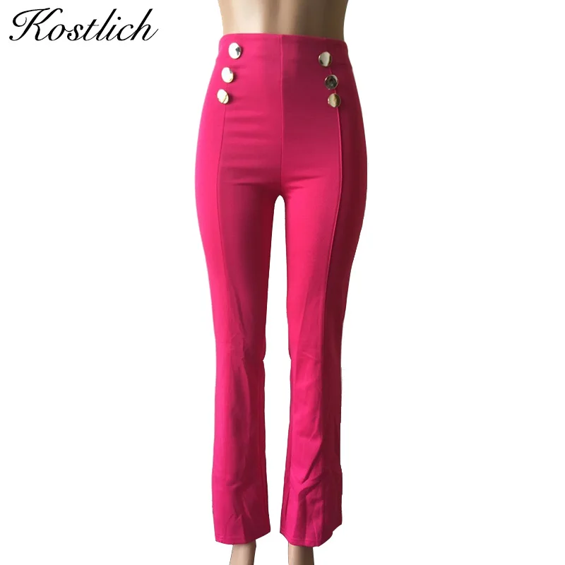 Kostlich Back Zipper Wide Leg Pants Women High Waist Buttons Casual