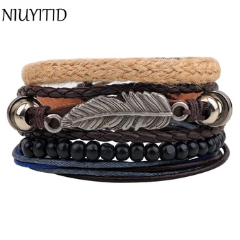 

NIUYITID 4pcs/set Multilayer Feather Bracelet For Women Leather Bracelets & Bangles Men Jewelry Handmade Homme Male Braclet