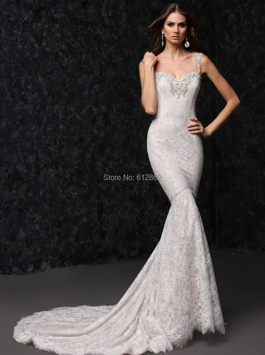 Sleeveless Long Tail Fitted Mermaid Lace Wedding Dress Dresses For