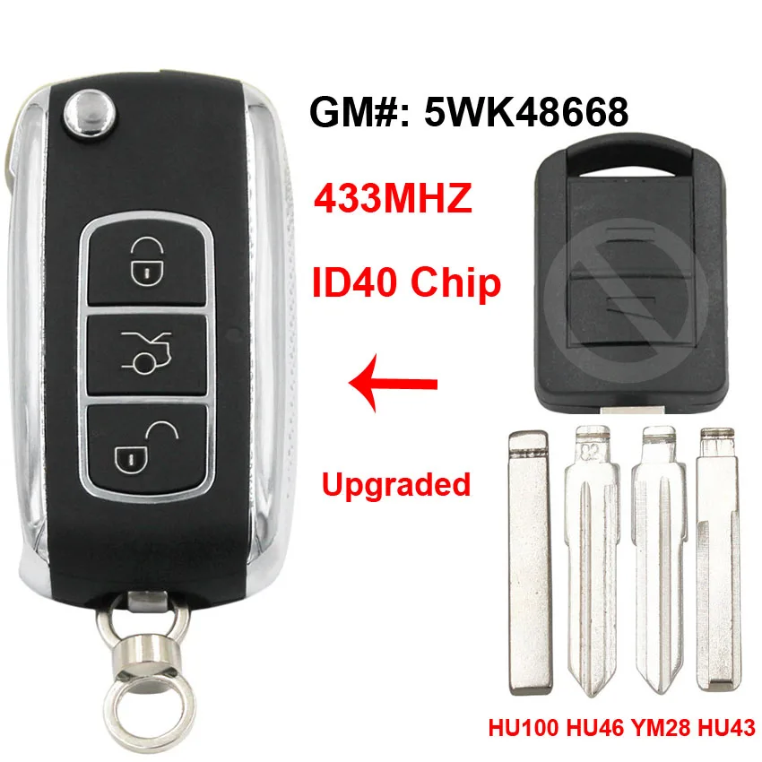 

Flip 2 Button Upgraded Remote Key 433MHz ID40 Chip 5WK48668 for Opel Corsa C Meriva A Tigra B HU46 / HU100 / HU43 / YM28 Blade