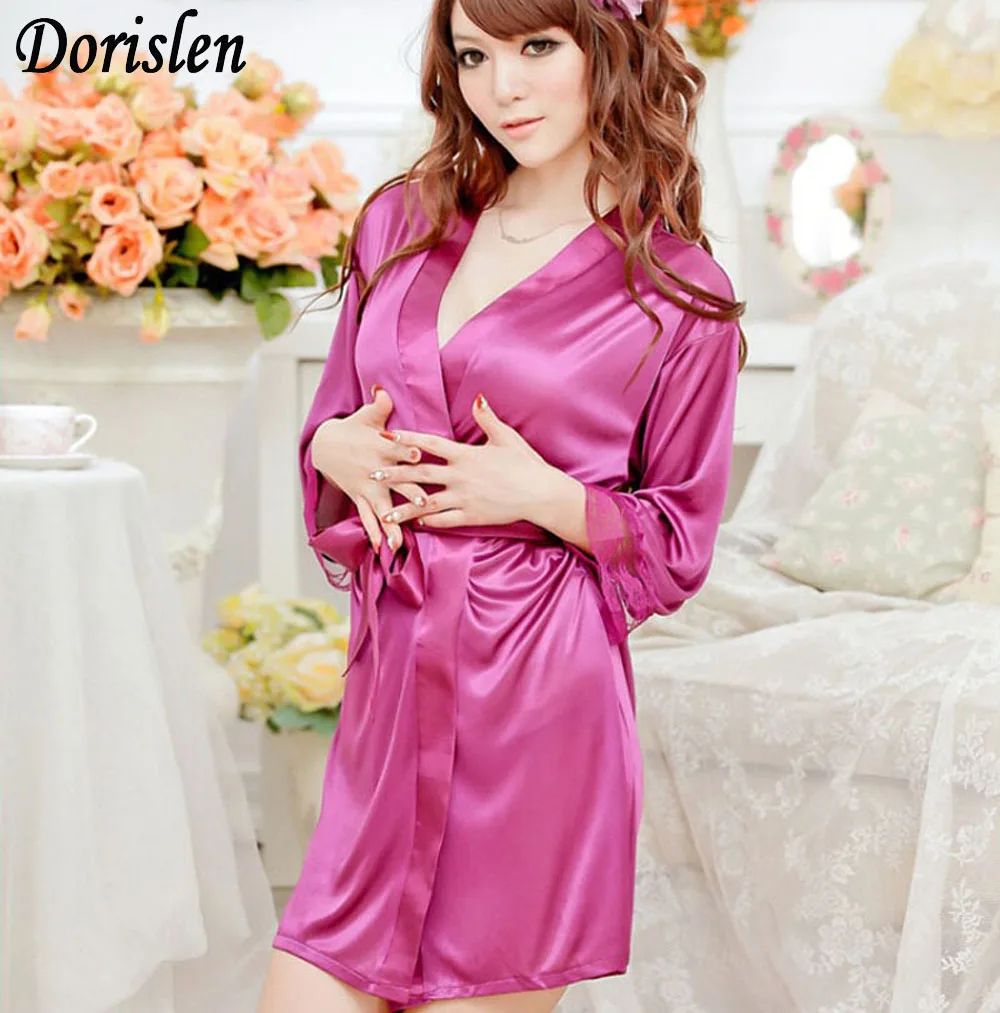 Dorislen Sexy Satin Sleepwear Silk Nightdress Robe With G String 