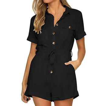 Short Sleeve Summer Bodysuits Boho Beach Wear Female Overall Female Jumpsuit Pocket Button Notched Casual Women Playsuit 1