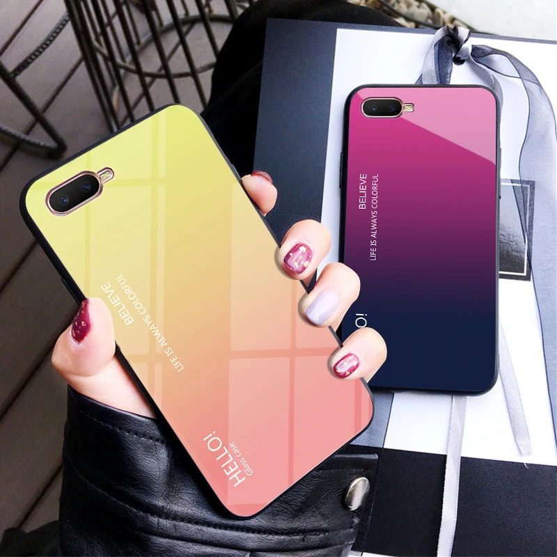 Tempered Glass Case for OPPO K1 Gradient Color Hard Back Cover Soft Silicone Bumper For Find X |