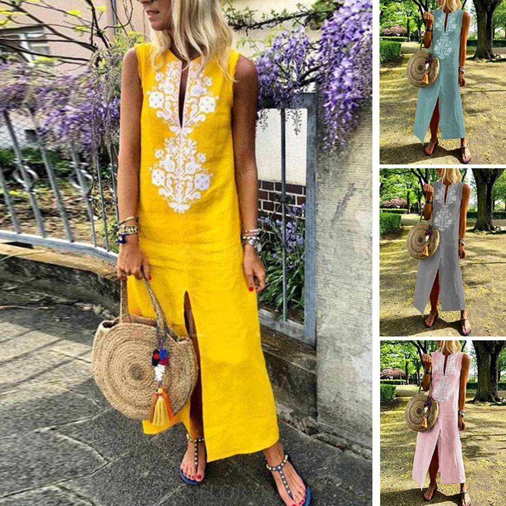 2018 Women Sexy V-Neck Cotton Linen Blend Sleeveless Loose Casual Split Long Shirt Dress