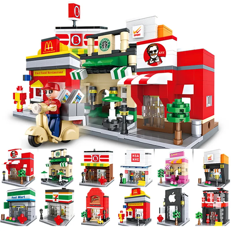 

City Mini Street Building Blocks Compatible legoING 3D Model Retail Store DIY Apple McDonald Cafe Shop Bricks Kids Blocks Toys