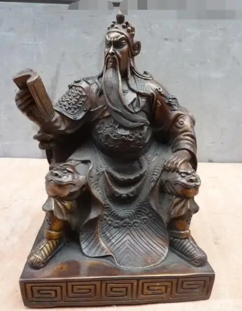 

S6792 9"Chinese Folk Bronze martial loyal militarist Guan Gong Look Book Statue D0318