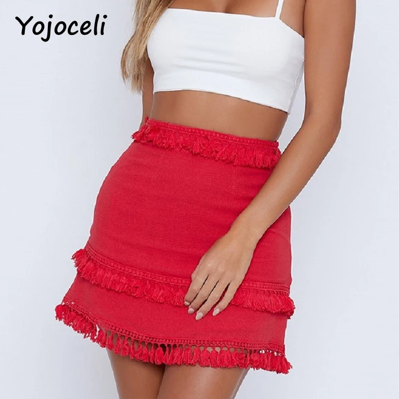 Yojoceli, сексуальная летняя юбка с кисточками, милые женские вечерние юбки для клуба, пляжа, облегающая женская мини-юбка - Цвет: Красный