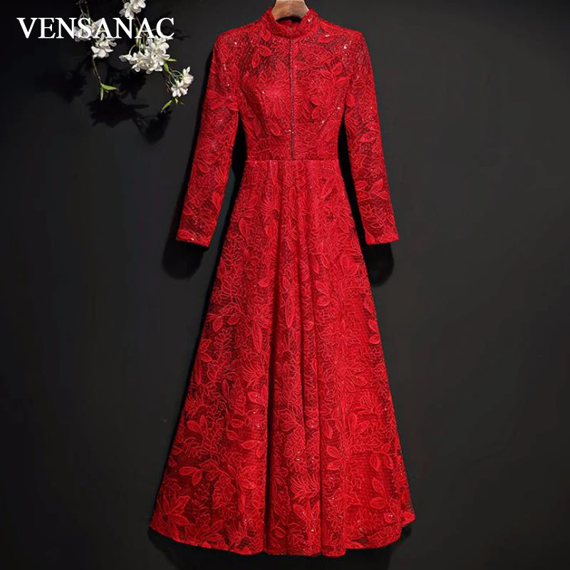 VENSANAC Vintage High Neck Red Embroidery A Line Sequined Long Evening Dresses 2018 Lace Long Sleeve Party Prom Gowns