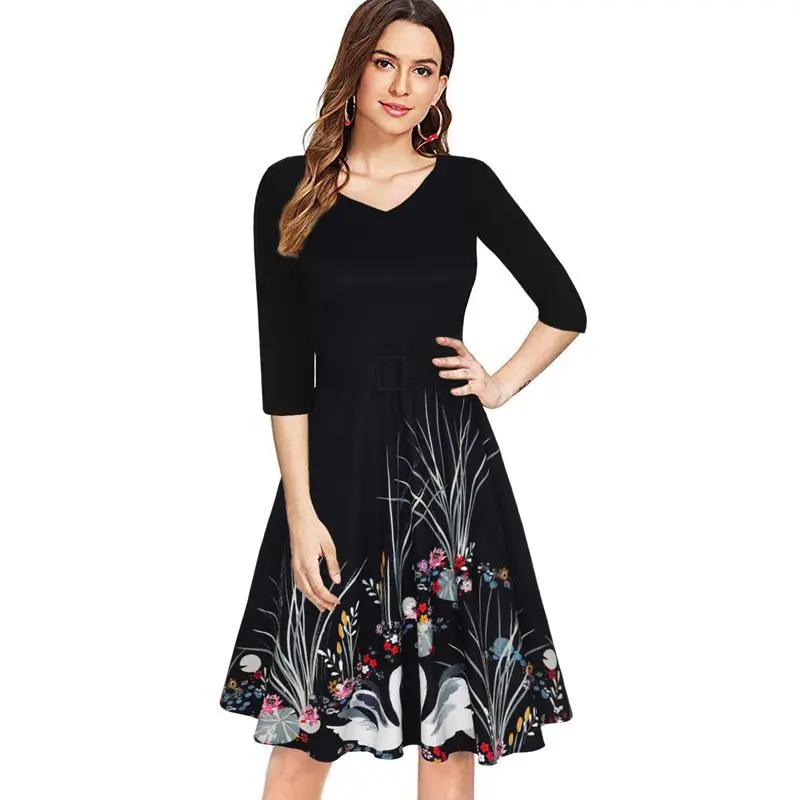 QMGOOD Fashion Black Dress Women Knee Length Print Retro Large Swing Dress Sexy V Neck Spring