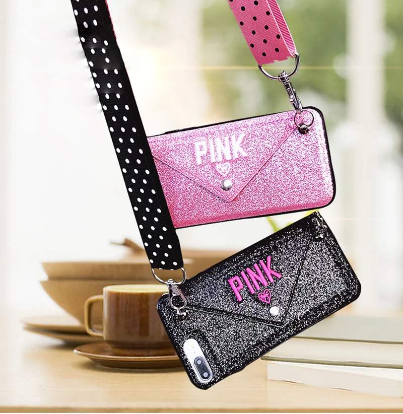 

Luxury PINK Glitter Embroidery Leather Lanyard Fashion Brand FUll Cover Phone Case For Samsung s10 Plus Bling Bling Shockproof