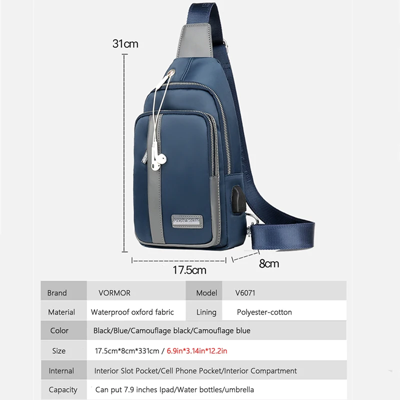 VORMOR многофункциональные модные сумки через плечо для мужчин, зарядка через usb, нагрудный пакет, короткая походная Сумка-мессенджеры, водоотталкивающая сумка на плечо