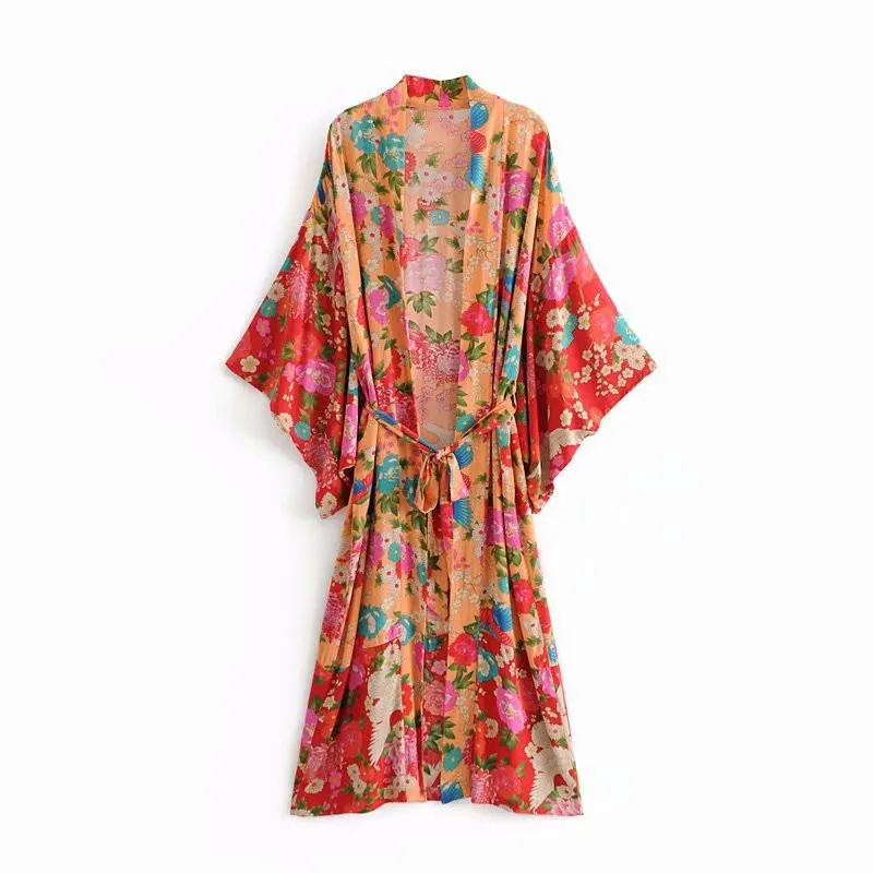 Женское Бохо длинное платье с цветочным принтом Boho Kimono платье макси осень v-образный вырез с поясом праздник открытое стежка пляжное платье