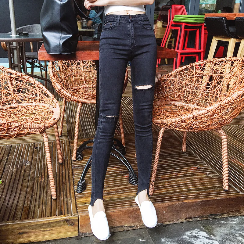 

Ripped High Waist Women Jeans Stretch Skinny Denim Pencil Jeans Button Ankle- Length Pants