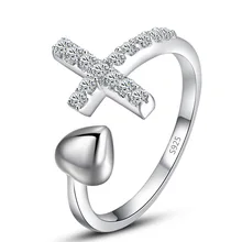 Women Fashion Cross Ring Band Engagement Heart Adjustable Finger Ring Band Solid 925 Sterling Silver Trendy Jewelry Accessory