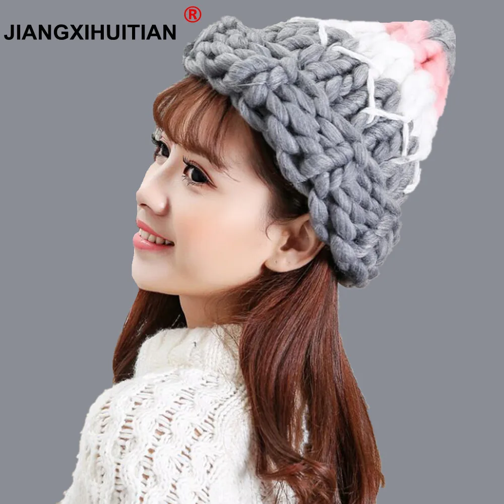 

jiangxihuitian Women Winter Warm wool Hat Handmade Knitted Coarse Lines Cable Hats Knit Cap Candy Color Beanie Crochet Caps