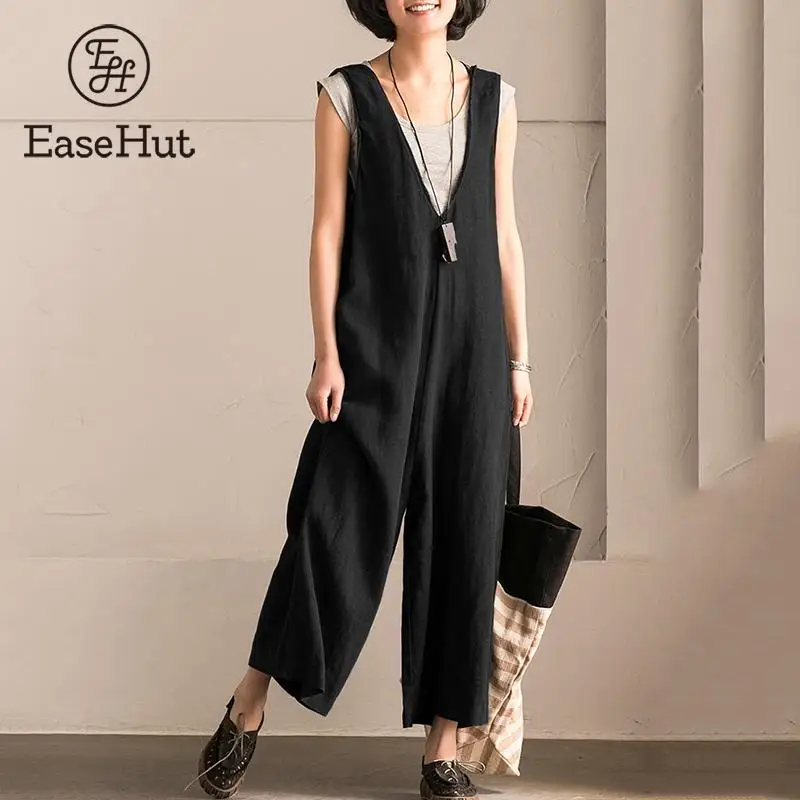 EaseHut Wide Leg Trouser Women Vintage Bib Overalls Sleeveless Strappy Solid Loose Rompers Jumpsuits Pants Plus Size 5XL macacao