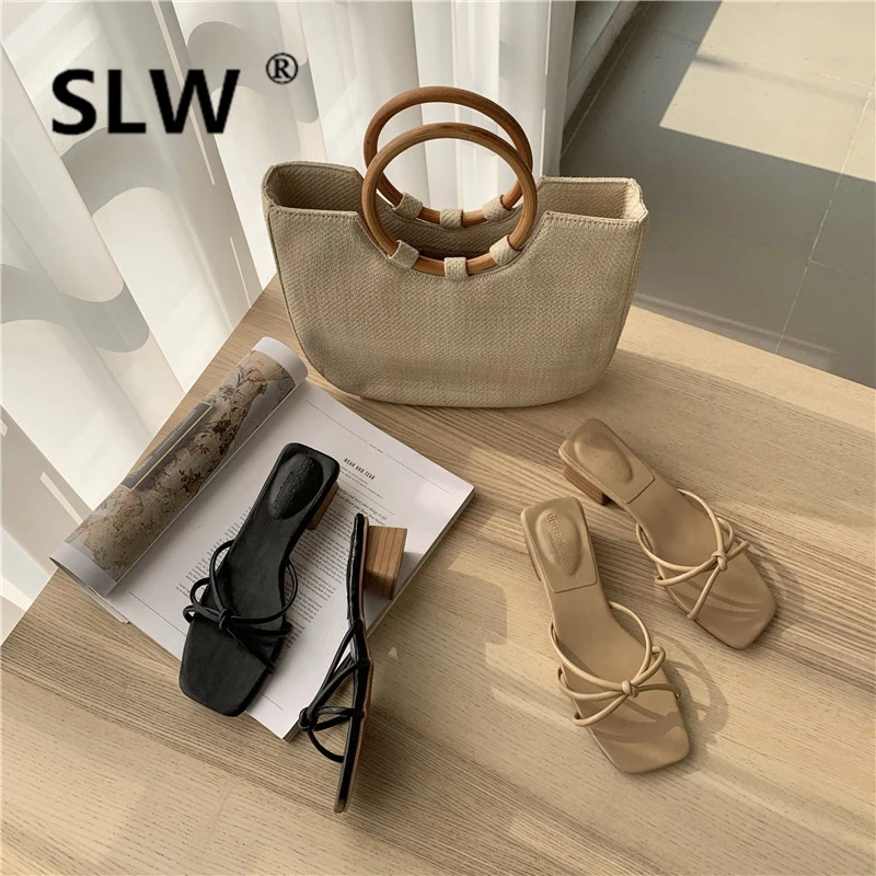 

Shoes Med Slippers Women Summer Slides Square heel Sliders Luxury 2019 Woman Basic Fashion Sexy Hoof Heels PU