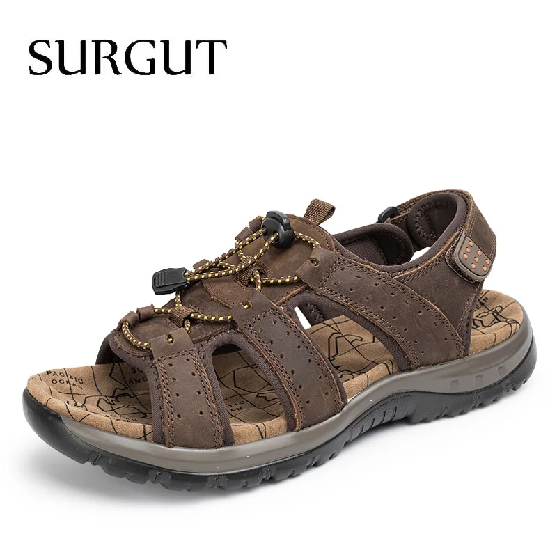 Мужские сандалии из настоящей кожи SURGUT, темно-коричневые дышащие босоножки, тапки с нескользящей подошвой, пляжная обувь большого размера для лета - Цвет: Dark Brown
