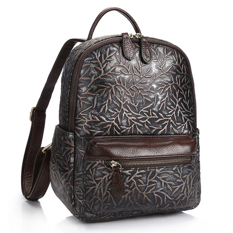 

Genuine Embossed Leather Women Rucksack Travel Daypack First Layer Cowhide Knapsack Large Capacity Book Bag Computer Backpack