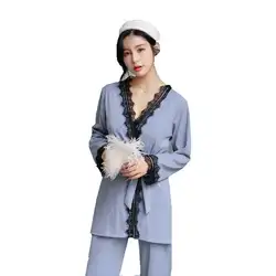 Женские пикантные халат пижамный комплект из 3 предметов хлопковый Халат набор зима-осень сна Fashon Indoor Костюмы для Для женщин