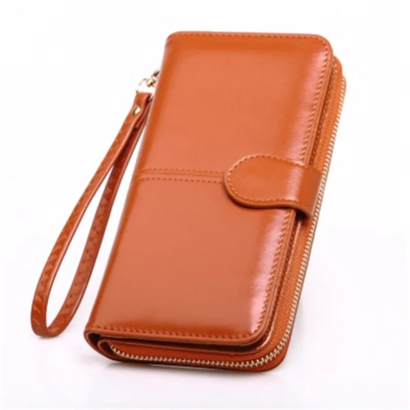 

SENDEFN RFID custom oil wax leather wallet retro oil skin phone bag long zipper clutch bag women's card bag bill folder