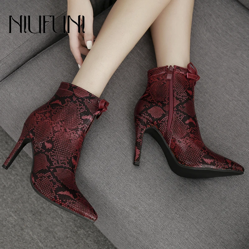 

Sexy Snake Pattern Pointed Toe Women's Boots NIUFUNI 2019 Zipper Ankle Boots Fashion Bow Stiletto Casual High Heels Ladies Shoes