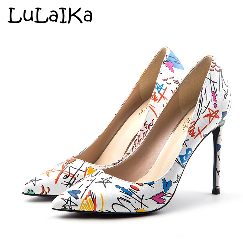 

2018 Blue Graffiti Colorful Women Pumps Sexy Stiletto High Heels Spring Wedding Party Women High Heel Shoes 11.5cm