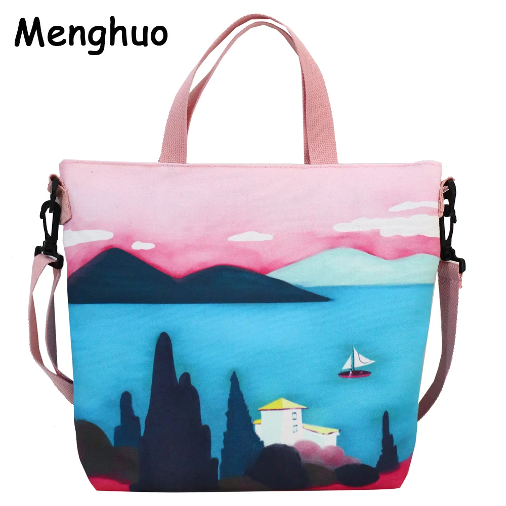 

Menghuo 2018 Fashion Women Handbag Tote Bag Ladies Casual Landscape Printing Canvas Shoulder Bag Beach Shopping Bolsa Feminina
