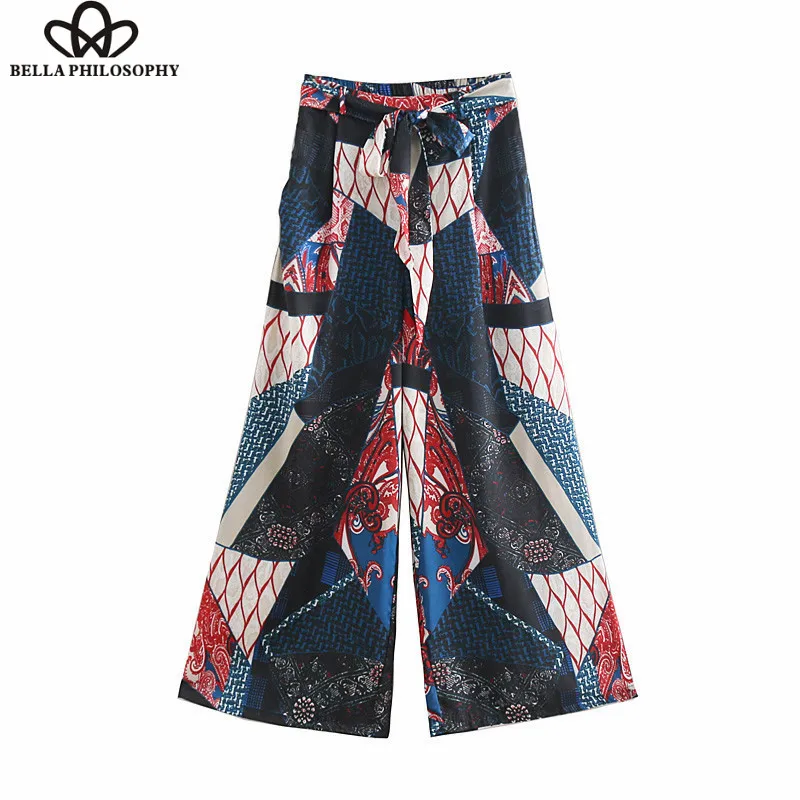 Wonder Bohemian Zipper Long Pants Vintage Print Female Loose Wide Leg Pants Holiday Sashes Lady High Waist Beach Pants 2019 new
